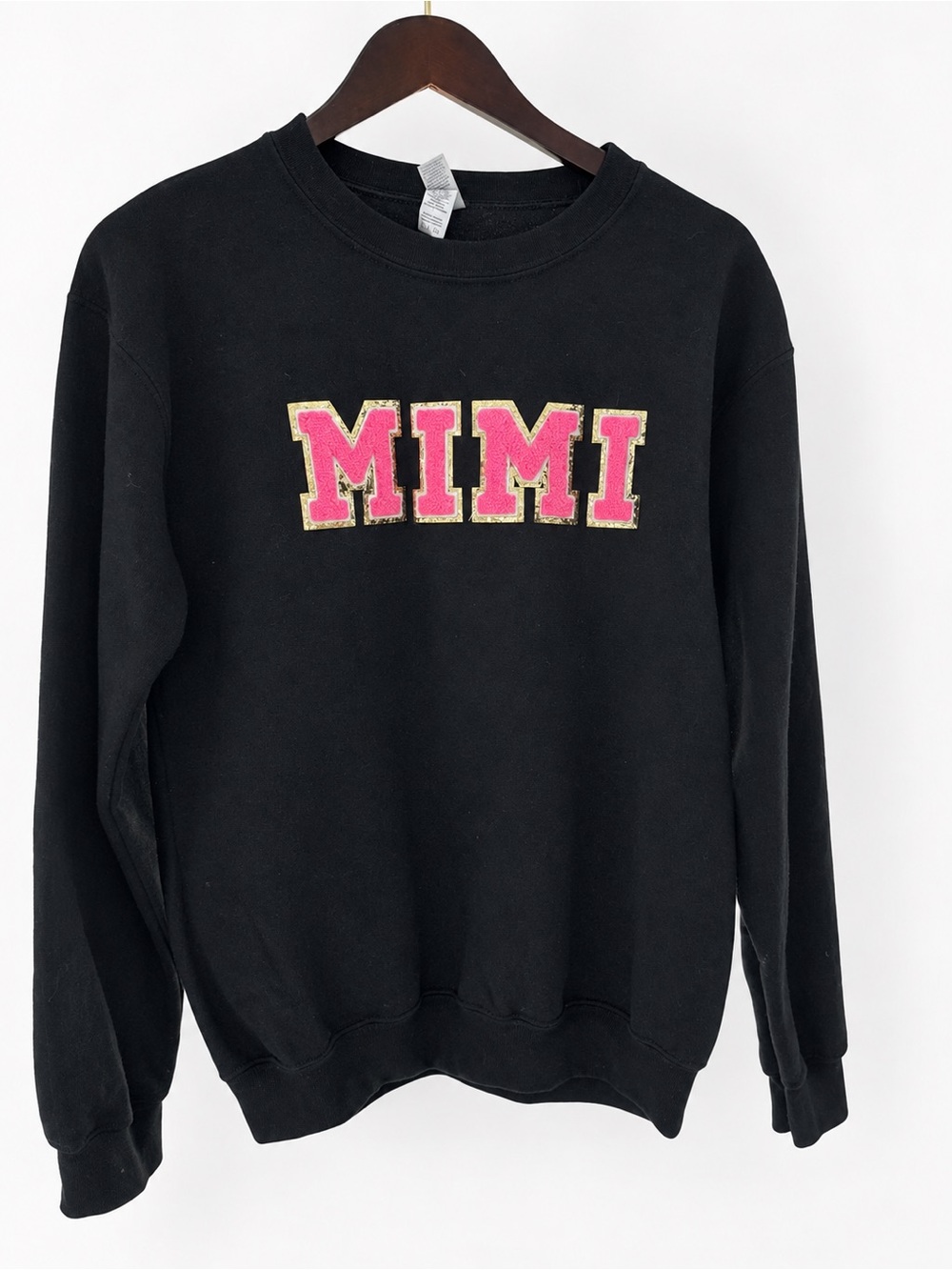 Black Crewneck Sweatshirt with Pink 'MIMI' Appliqué